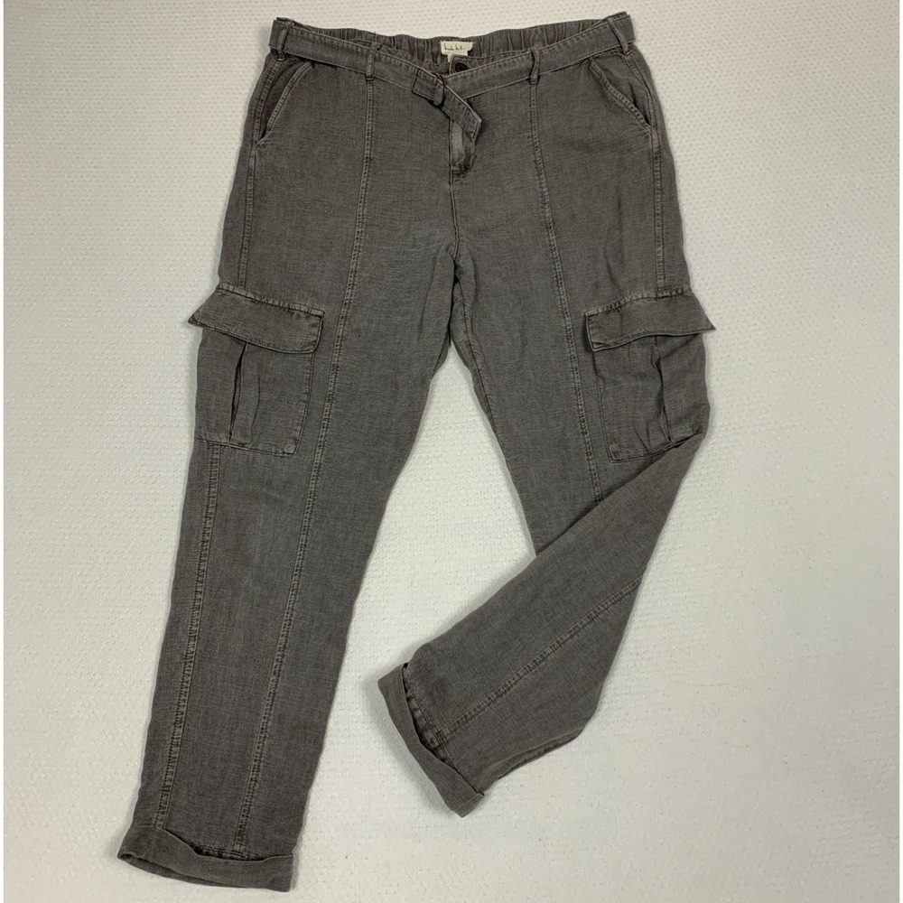 Nicole Miller Linen Blend Cargo Pants Womens L Gray Belted Straight Leg